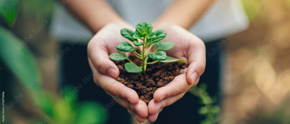 Ecological Conservation Showcased Through A Delicate Plant Cradled In Hands. Сoncept Sustainable Living, Delicate Ecosystems, Plant Conservation, Environmental Awareness, Nature's Fragility - obrazy, fototapety, plakaty 