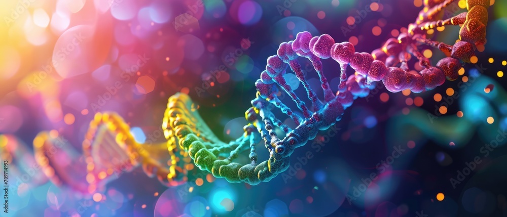 Dna Structure Digitally Depicted With Colorful Representation Of Genetic Code. Сoncept Astrobiology And The Search For Extraterrestrial Life, The Role Of Genetics In Evolution - obrazy, fototapety, plakaty 