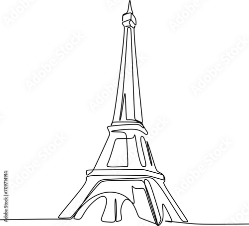 Single one line drawing of Eiffel Tower landmark wall decor poster. Iconic place in Paris, France. Tourism and travel greeting postcard concept. Modern continuous line draw design vector illustration