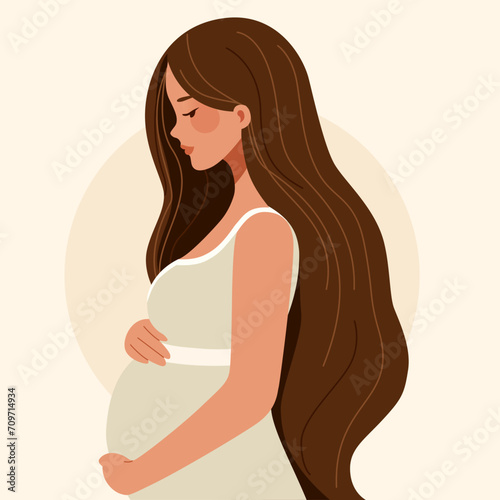 Beautiful young pregnant woman with long hair, future mom hugging belly with her arms. Waiting for a baby. Vector flatillustration