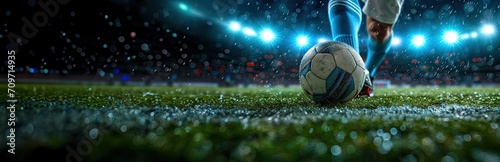 Banner. Action photo of soccer player kicking ball in stadium with aim to score goal. Cropped image of foots of football player. photo
