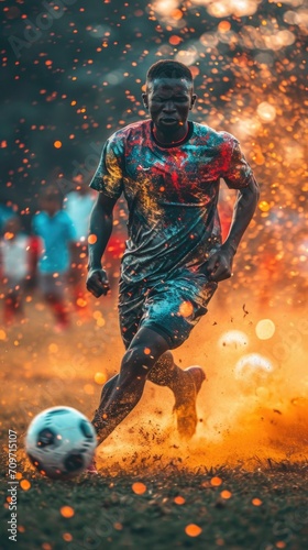Intense portrait of professional football player dribbles ball in stadium in motion in colorful dust. Concept of team kind's of sport.