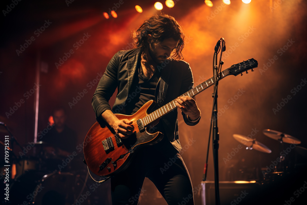 Obraz premium A guitarist stands out on stage, with a softly blurred background