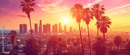 Capturing The Vibrant Los Angeles Skyline With Beautifully Framed Palm Trees. Сoncept Hiking In The Mountains, Urban Exploration, Waterfall Photography, Sunrise At The Beach, Fall Foliage © Ян Заболотний