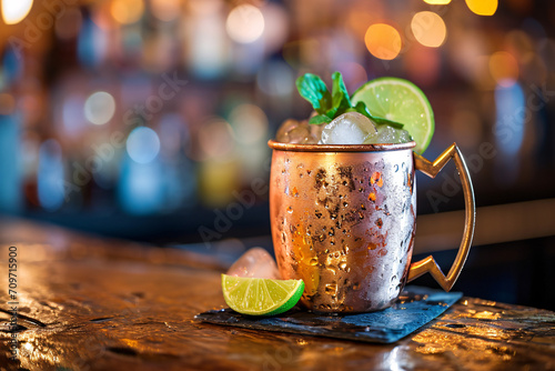 Moscow Mule alcoholic drink at a bar close-up
