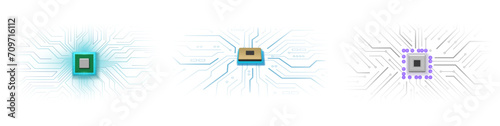 Circuit board cpu chip for computer, motherboard for laptop. Vector isolated part for devices and gadgets. Futuristic technology advancement, electronic hardware, artificial graphic component