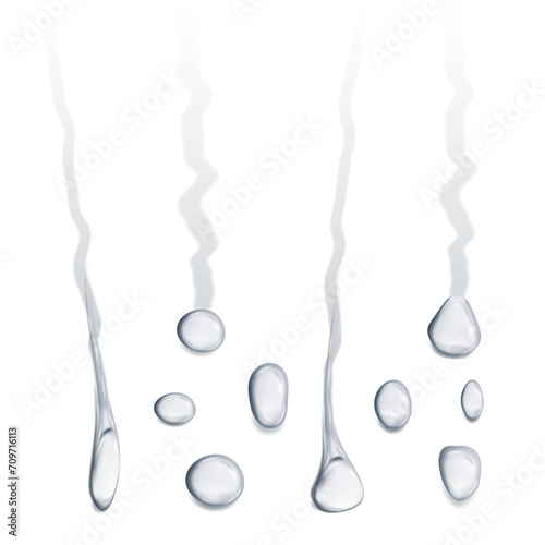 Rain drops on glass or flat surface. Vector dripping droplets with trace flowing down. Liquid or condensate, realistic aqua or steam in shower. Clear splashing bubbles falling raindrops photo
