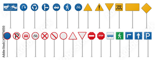 Road signs, isolated realistic traffic boards with information and messages for drivers on street or highway. Vector bus and cycle zone, no entry, u turn and no parking, roundabout symbol