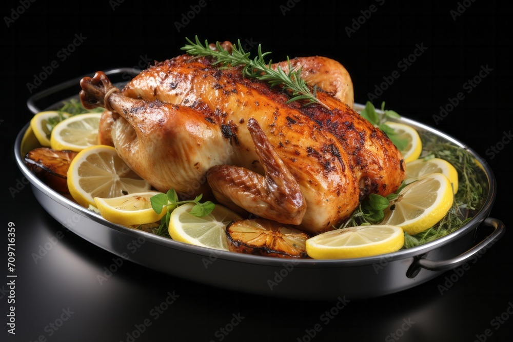 3D Render of Juicy Garlic and Lemon Roasted Chicken, on an isolated White background, Generative AI. 3D Render of Juicy Garlic and Lemon Roasted Chicken, on an isolated White background, Generative AI.