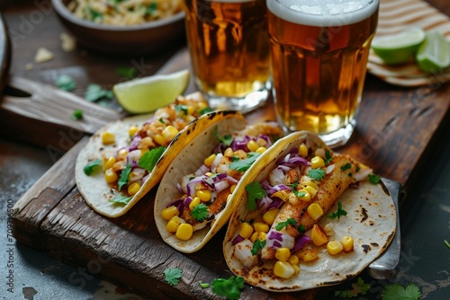 Delicious Fish Tacos with Corn and Lime, Served with Beer in Magenta and Brown Colors on Polished Concrete Background.