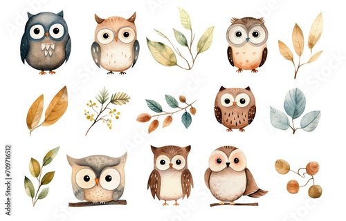 watercolor owl collection set on white background,  idea for sticker and junk journal clipart, Generative Ai