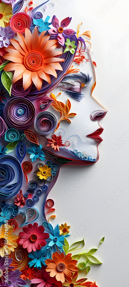 Blossoming Beauty: Artwork Featuring the Face of a Beautiful Woman Adorned with Floral Facets - Generative AI