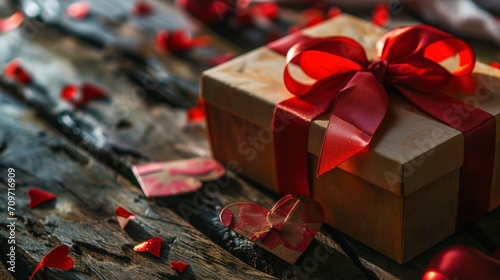 Elegant craft paper gift box with red ribbon. Wooden background with hearts. Romantic presents concept. Generative AI