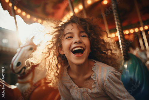 People cheerful good mood at amusement park sunny day at background Generative AI picture © Tetiana