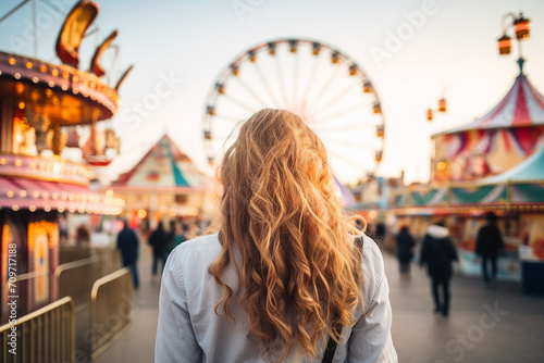 People cheerful good mood at amusement park sunny day at background Generative AI picture