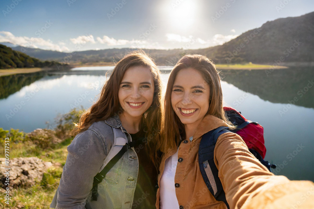 Zwei weibliche, junge, dunkelhaarige Backpackerinnen machen ein Selfie und lächeln in die Kamera, Sonnenuntergang und See im Hintergrund