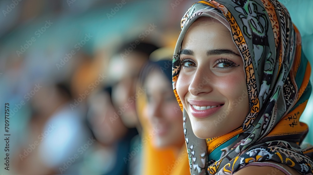 Beautiful, young, calm Arabian woman in headscarf, with calm positive emotions sitting on crowdy tribune. Beautiful, young, calm Arabian woman in headscarf, with calm positive emotions sitting on crowdy tribune.
