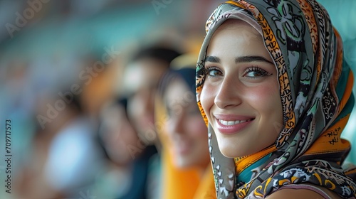 Beautiful, young, calm Arabian woman in headscarf, with calm positive emotions sitting on crowdy tribune.