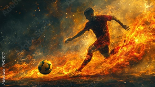 Competitive, concentrated young man, football player in motion running, dribbling ball against fire background. Flame, energy boost photo
