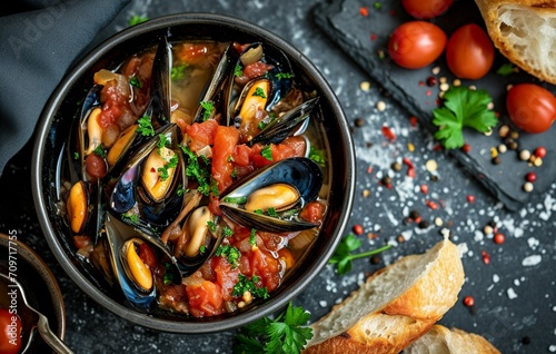 Delicious Mussels Stew in Tomato Sauce with Vintage Colors