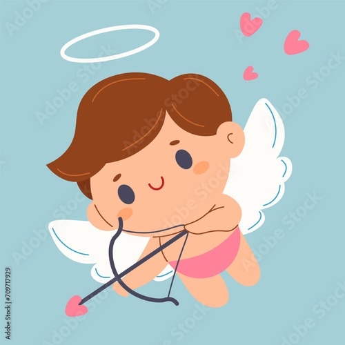 character Cute Adorable Cupid on blue background. Amur baby  little angel or god Eros. Adorable angel. Concept of valentine s day  wedding  fall in love. vector.