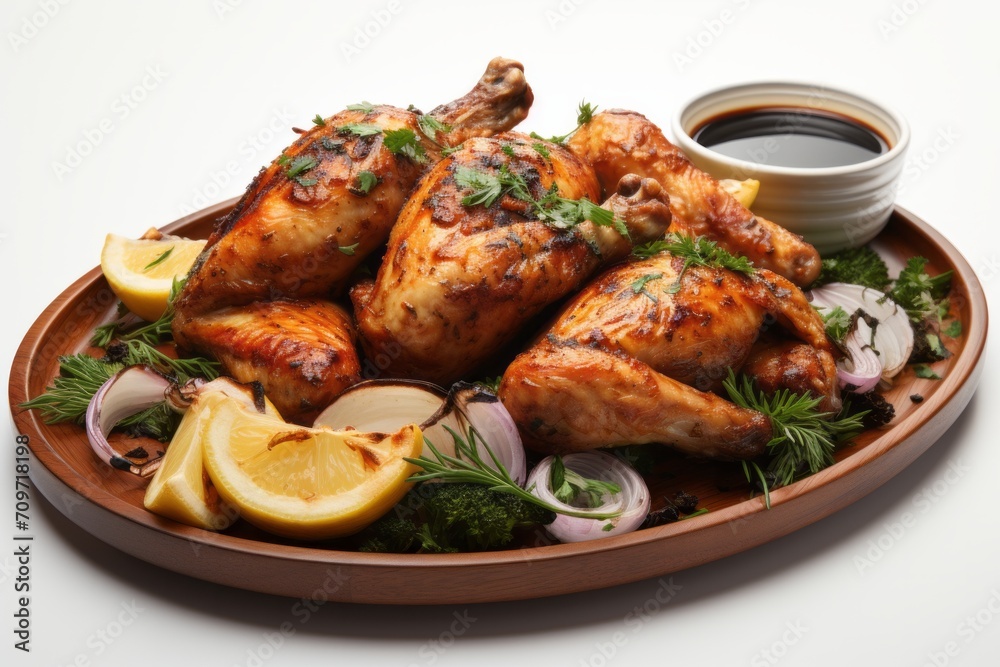 3D Render of Roasted Chicken Platter, on an isolated White background, Generative AI 3D Render of Roasted Chicken Platter, on an isolated White background, Generative AI