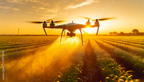 Close-up of a moving drone spraying pesticides or fertilizers on a cultivated field at sunrise or sunset. photo