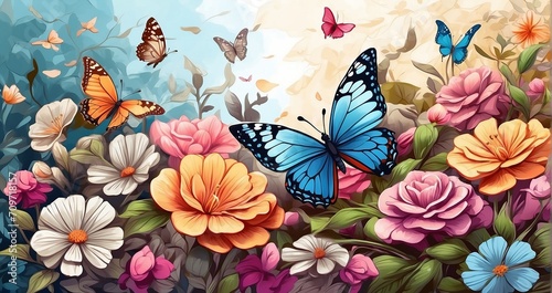 A lush garden alive with fluttering butterflies. Show vibrant flowers attracting a kaleidoscope of butterfly species  with intricate details of their colorful wings.  - Generative AI