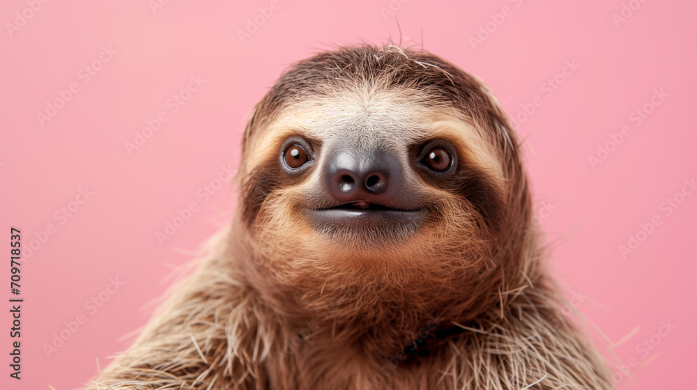 Naklejka premium Happy Sloth isolated on the Pastel Pink Background. Symbol of Tranquility. Endangered species. Slow Living Concept. 