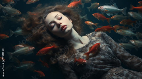 Frau in Vintage-Kleid schlafend von Fischen umgeben. Konzept: Fische als Traumsymbol. Surrealistische Illustration.  photo