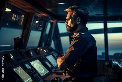 Generative AI photo of handsome confident man ship captain on a liner in the sea
