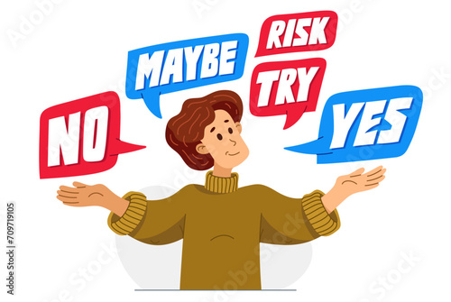 Young man having a doubt and question, vector illustration of a person who is hesitating and thinking about some problem, decide uncertainty.