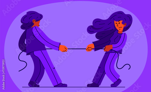Tug of war struggle between young man and woman, vector illustration of a young people in hard concurrency pulling a rope.