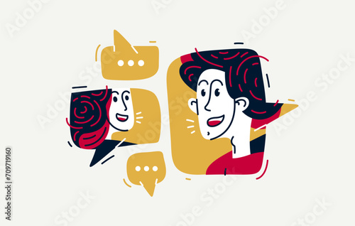 Two people talking online via some messenger with speech boxes, vector illustration of online video dialog, couple in speech bubbles.