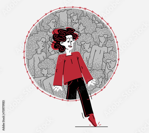 A person trying to step out of zombies matrix society of totalitarian state, vector illustration of conformism and nonconformist, negative cruel and aggressive culture.