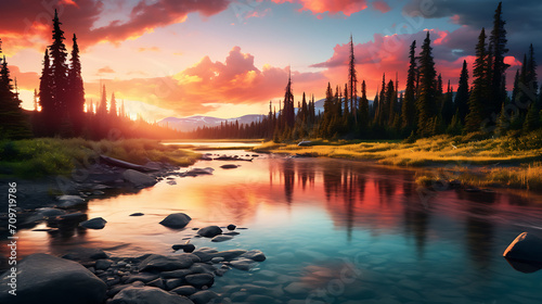 a peaceful river winding through a forest, reflecting the vibrant colors of the sky during a clear sunset, offering a serene and picturesque HD view of nature