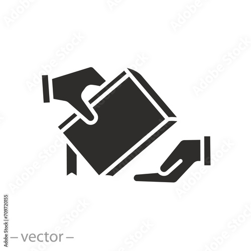 library club icon, bookcrossing concept, share book, give book to friend, thin line symbol - vector illustration