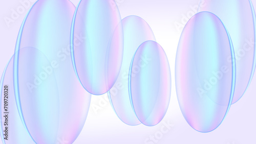 Abstract background with repeating transparent glass oval or circle shapes of pastel blue, purple and pink color gradient. Realistic 3D futuristic design. Light vector banner template with copy space.