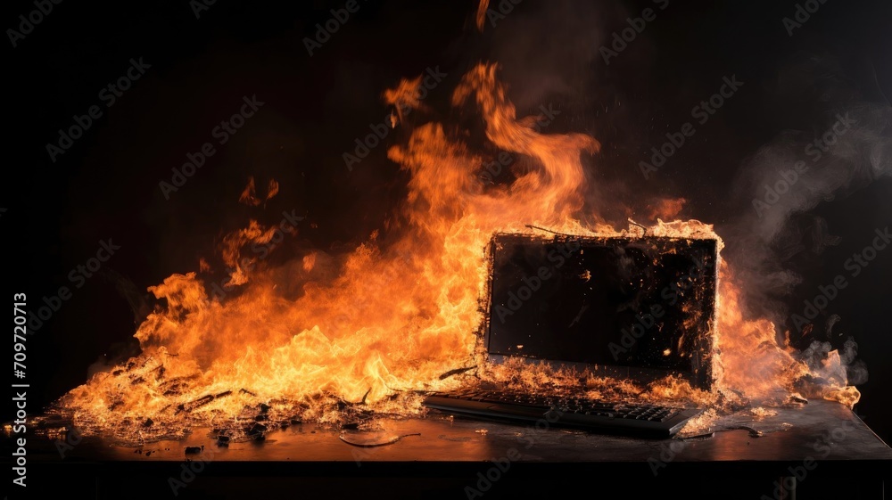 The laptop is on the table and on fire. The computer exploded, everything is on burn. - obrazy, fototapety, plakaty 
