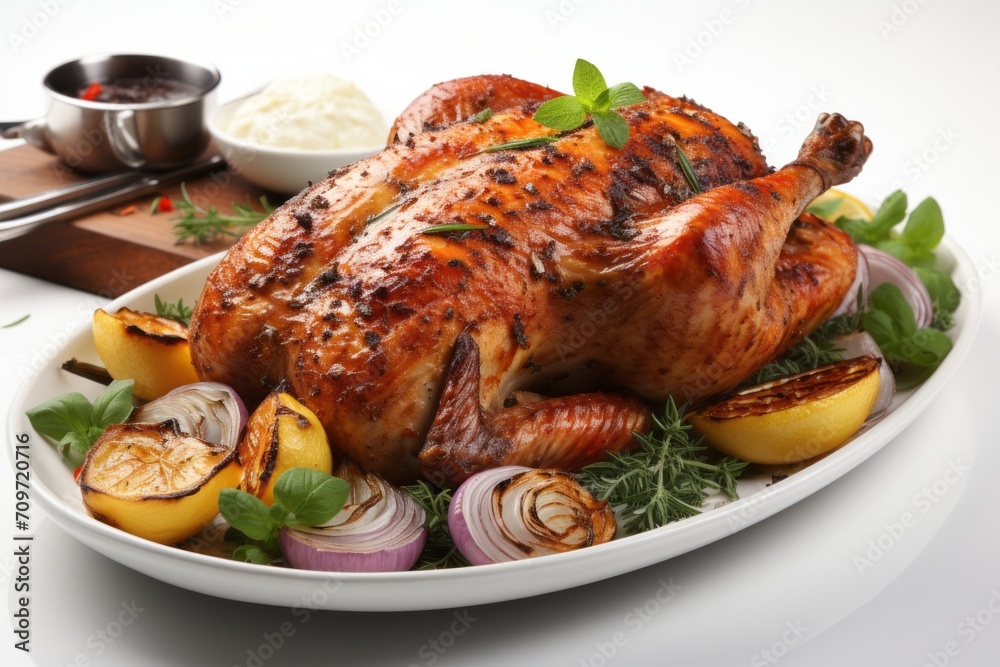 3D Render of Spiced Roast Chicken with Herbs, on an isolated White background, Generative AI 3D Render of Spiced Roast Chicken with Herbs, on an isolated White background, Generative AI