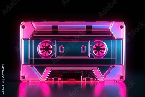 Retro cassette tape with neon vibrant colors against black background. 80s and 90s music and design.