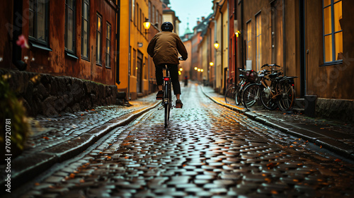 A person doing a bike tour through historic European streets.
