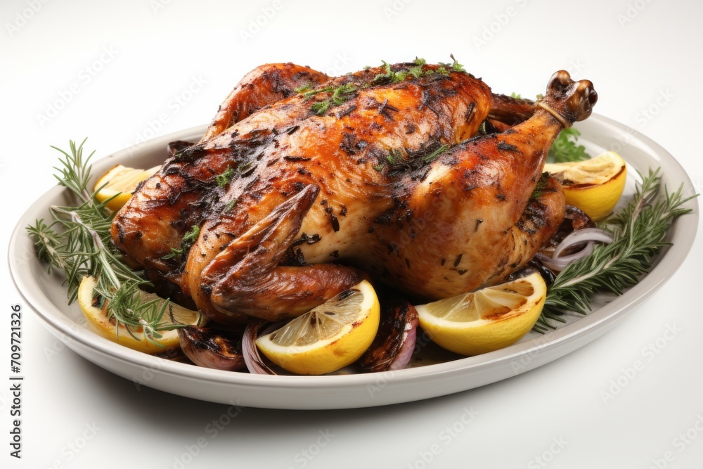 3D Render of Succulent Roasted Chicken, on an isolated White background, Generative AI 3D Render of Succulent Roasted Chicken, on an isolated White background, Generative AI