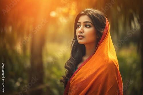 Bangladesh most beautiful actress at sunny light. Model actor beauty portrait. Generate Ai