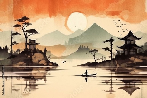 Traditional Japanese style landscape with hills, sun, lake, and fisherman on a vintage watercolor background. Generative AI