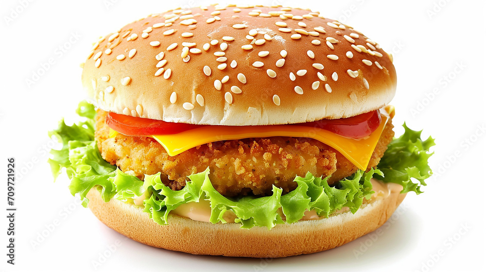 Fish Hamburger with cheese isolated on white background, Crispy Fish Hamburger on white With work pat. Made with generative ai