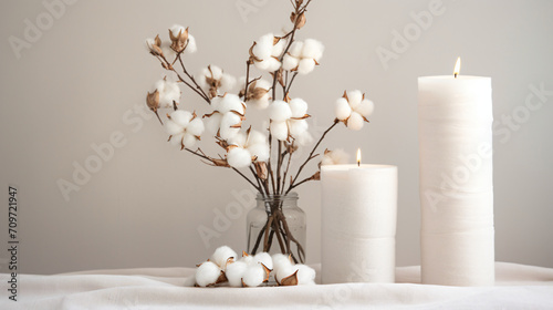 The cotton shoots in the vase with candles, in the style of modern minimalist, gentle color palette, minimalist backgrounds, norwegian nature, rounded, chic simplicity, natural simplicity