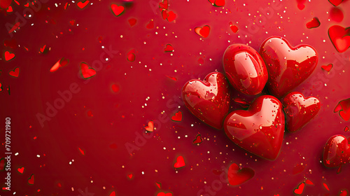 Stylish red background with heart shaped confetti. Valentine's day, international women day, romantic background