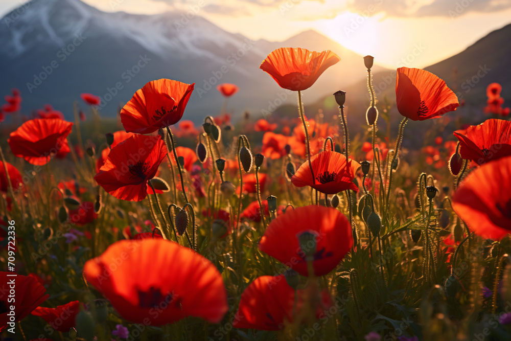 Poppy field in tajikistan, by abu ramez, in the style of low depth of field, sunrays shine upon it, mountainous vistas, matte background, flower and nature motifs, nature-inspired motifs, shot on 70mm