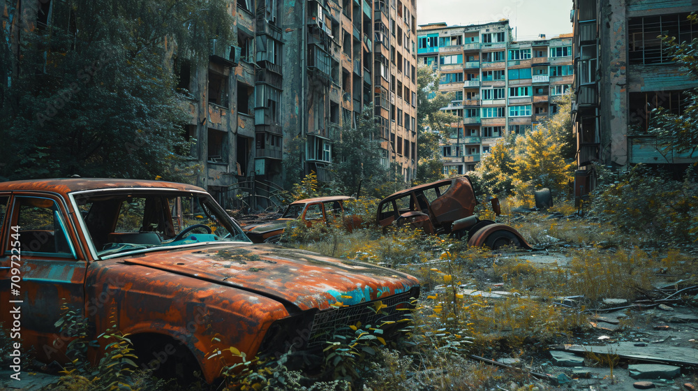 A post-apocalyptic cityscape with overgrown buildings and rusted vehicles. - obrazy, fototapety, plakaty 